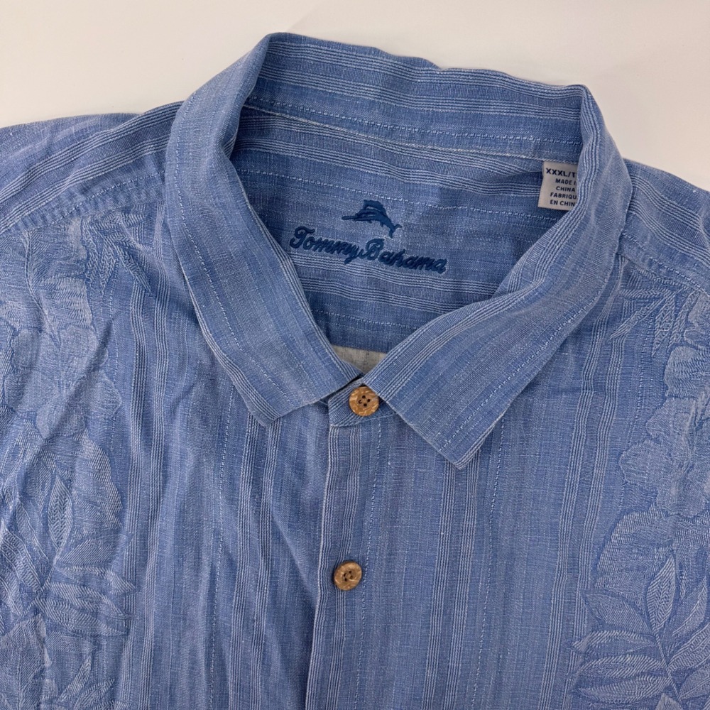 Tommy‎ Bahama Button Down Mens XXXL Blue Silk Floral Embroidered Camp Shirt